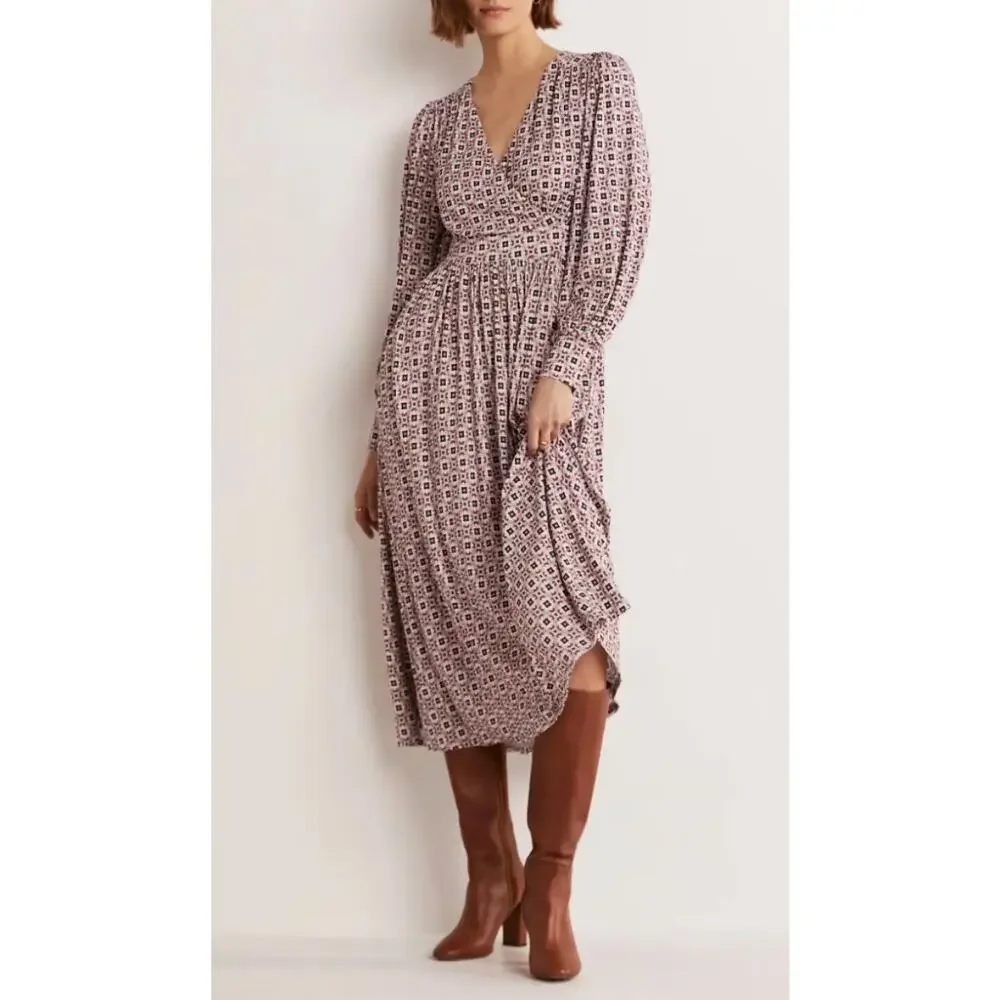 Boden Women’s Size 4R Fixed Wrap Jersey Midi Dress Almond Pink Square Geo Print‎